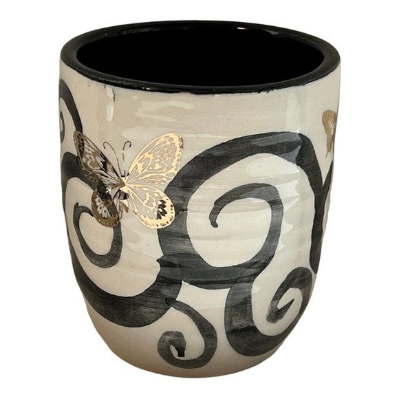 Pottery Vase in a Black & White Swirl Pattern with Genuine Gold Butterflies - Picture 2 of 5